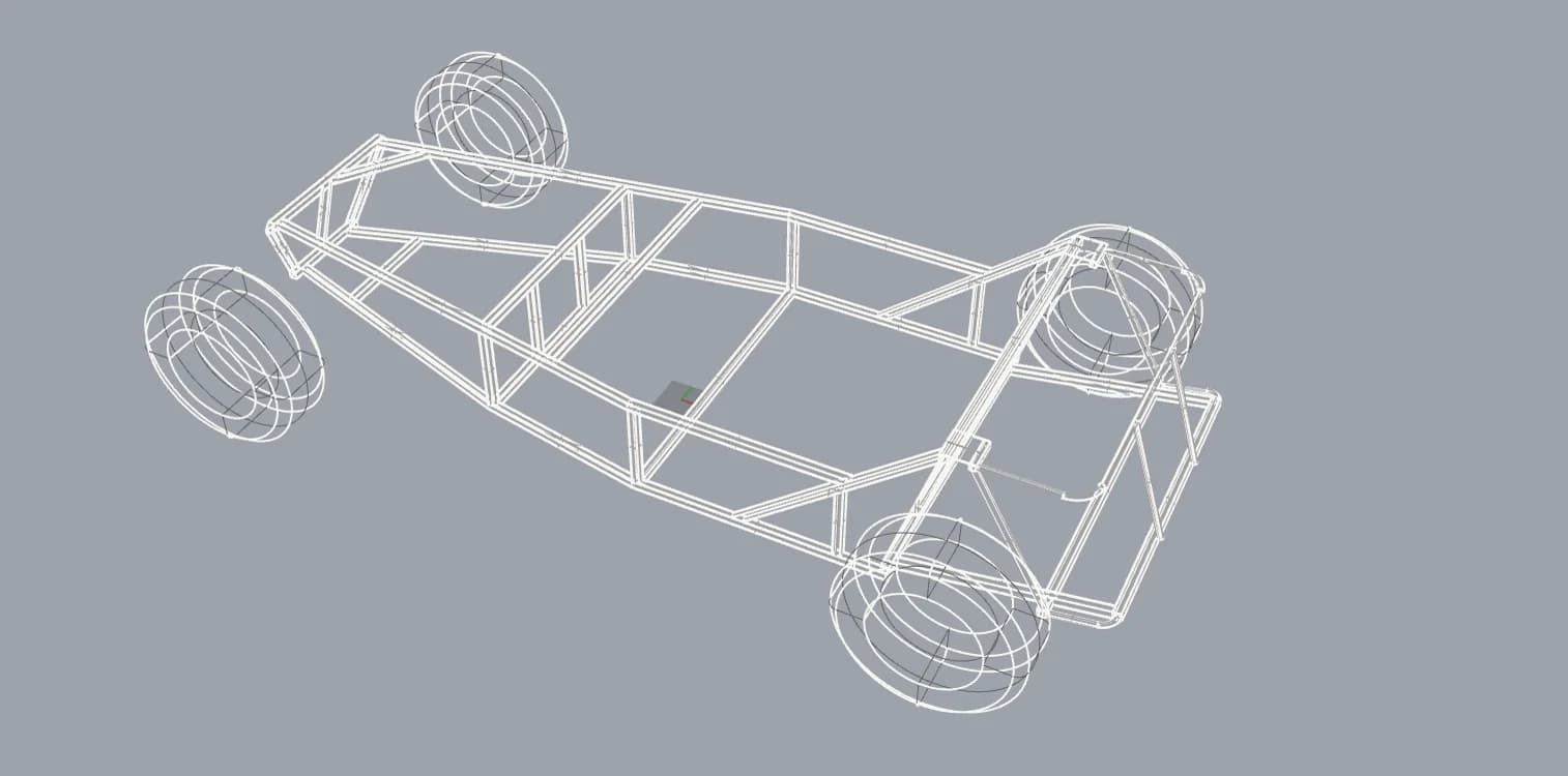 3D wireframe-tekening van een Seven-chassis met vier wielen, gevonden online. Wit lijnenwerk op een grijze CAD-achtergrond.