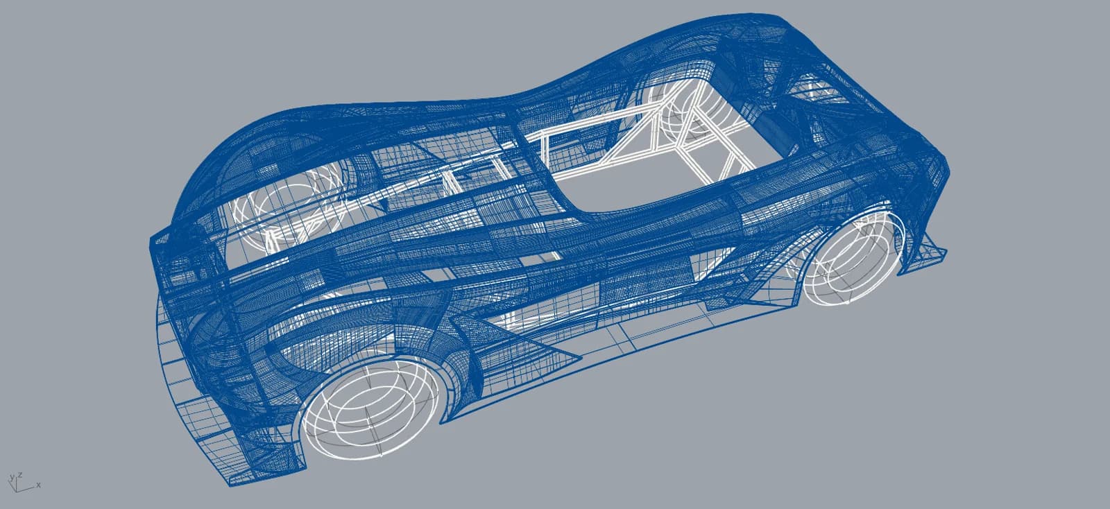 CAD wireframe van de definitieve body (blauw) rond het chassis (wit), gerenderd in Rhino. Het chassis blijft zichtbaar door de mesh heen.