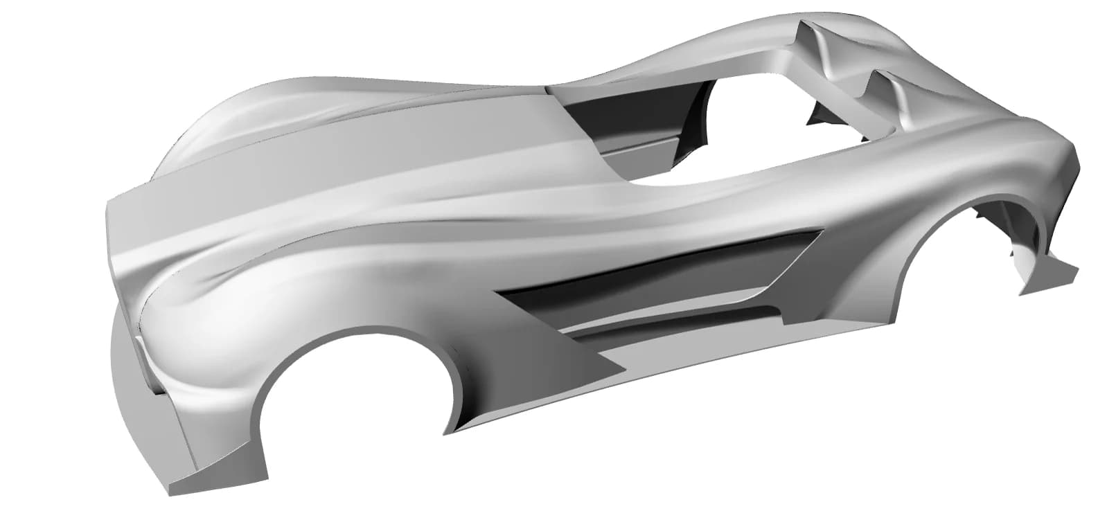Rhino-render van de nieuwe body zonder wielen — vloeiende carrosserie in zilvergrijs, klassieke Seven-lijnen met eigen accenten.