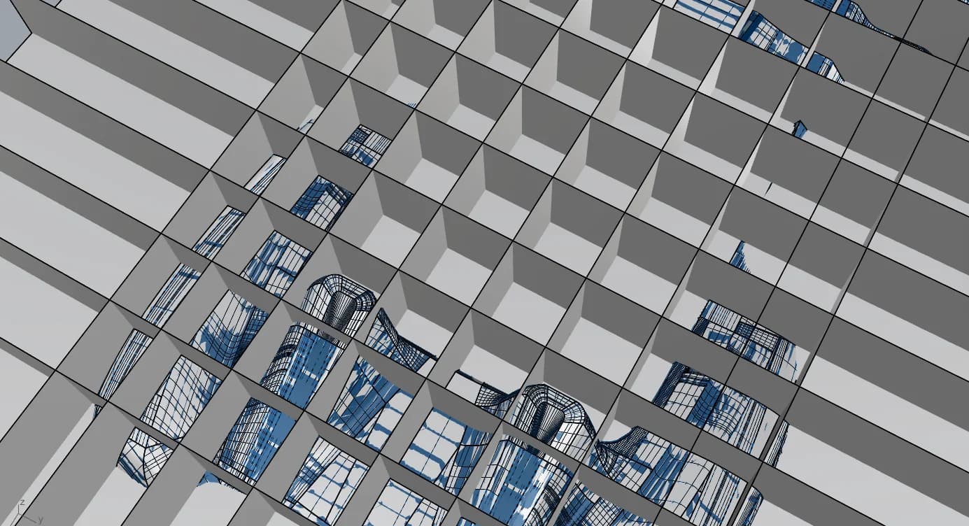 Close-up van de dwarssneden. Grijs geometrisch raster met de blauwe body-mesh die zichtbaar is door de plakken heen.
