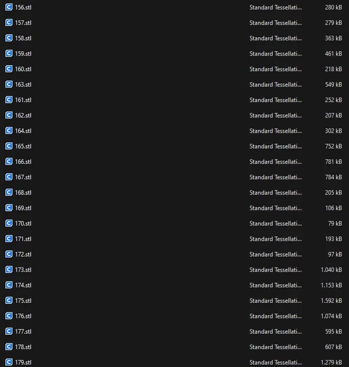 Screenshot van een bestandsverkenner met genummerde STL-bestanden (156.stl, 157.stl, tot 179.stl) en hun grootte.